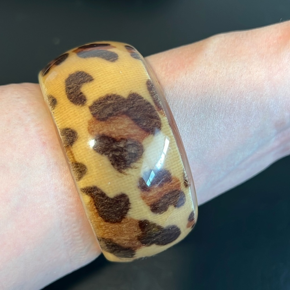 Vintage Plastic Lucite Bangle Bracelet, Leopard Print Fabric, Retro, Boho